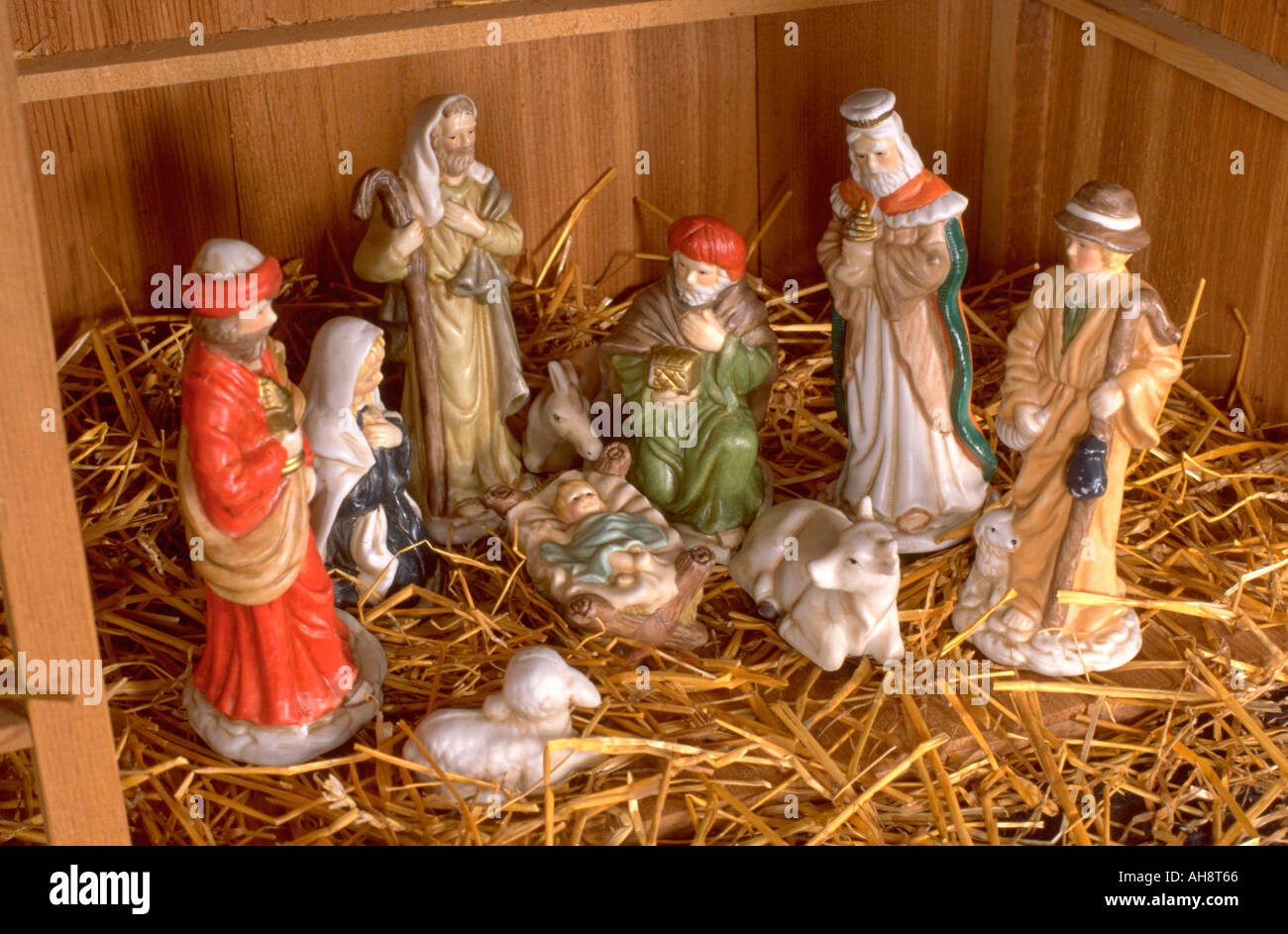Porzellan-Weihnachten-Krippe. Western Springs, Illinois USA Stockfoto