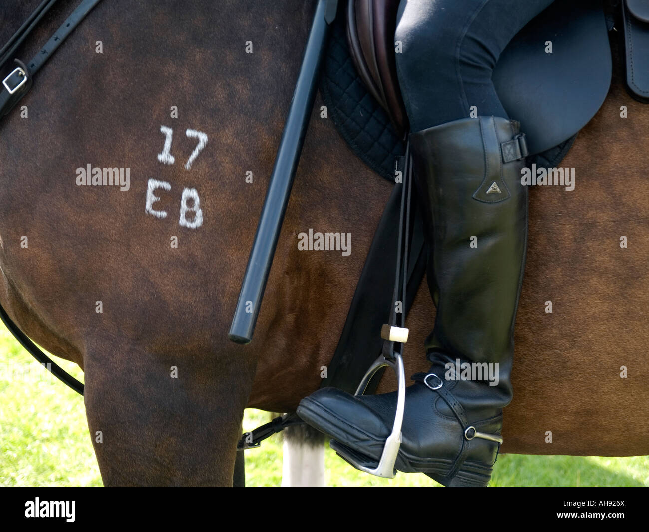 Detail eines berittenen Polizisten zeigen Stiefel Taktstock und Pferd Stockfoto
