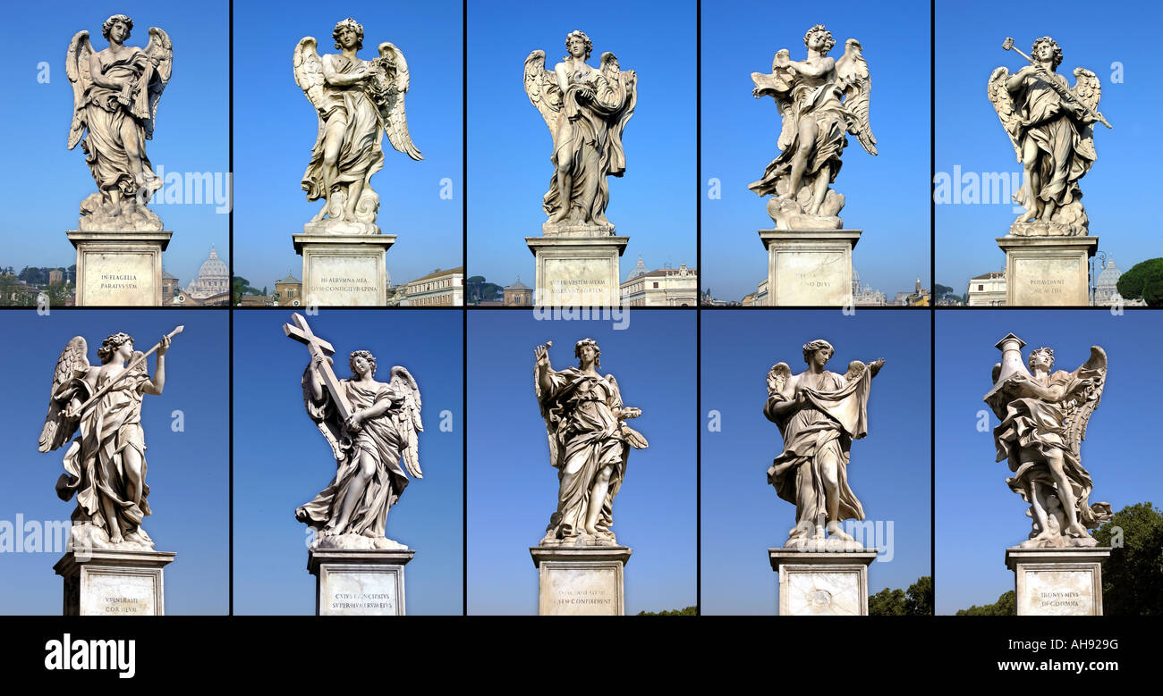 Zehn Statuen von Engeln tragen die Symbole der Passion auf Sant Angelo Brücke Rom Italien Stockfoto