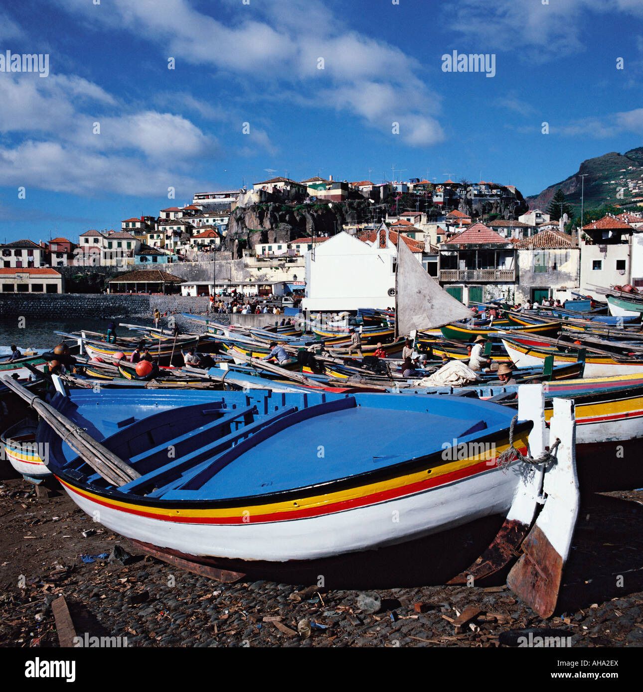 Angelboote/Fischerboote am Strand von Camara de Lobos Madeira Stockfoto