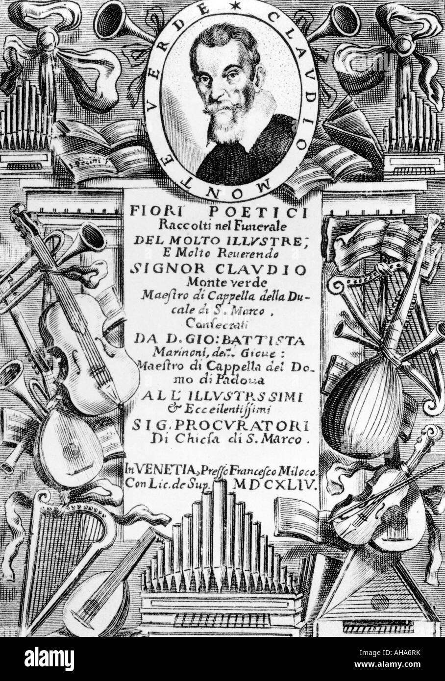CLAUDIO MONTEVERDI Beerdigung Bekanntmachung über die italienische Musiker, die gehörte zu den ersten Opernkomponisten 1567-1643 Stockfoto