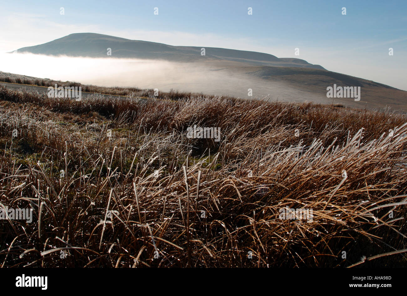 Grenze der Yorkshire und Cumbria Mauren in den frühen Morgenstunden vor die Sonne hat den Frost aufgetaut und deaktiviert den Nebel Stockfoto