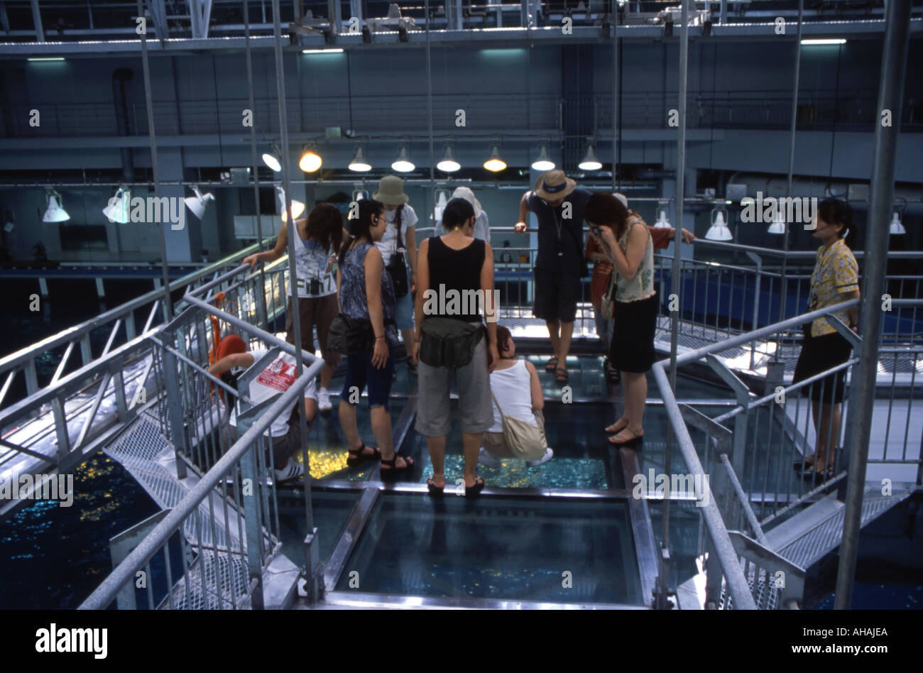 Okinawa Expo Park Japan Okinawa Expo Japan Parkbesucher schauen hinunter von der Promenade in den Haupttank des Aquariums Stockfoto