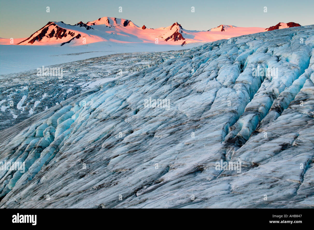 Beenden Sie Gletscher und das Harding Icefield bei Sonnenaufgang Kenai Fjords Nationalpark Alaska Stockfoto