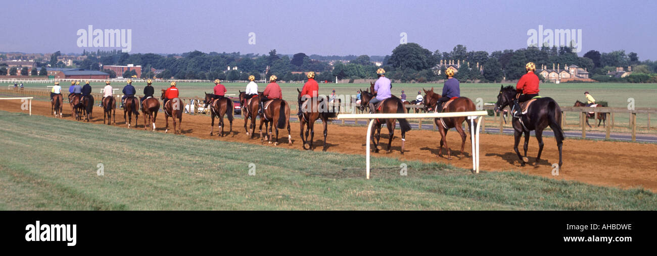 Pferderennen Galopps in Newmarket Heath Horses & Riders, die nach Übungen und Training am frühen Morgen zurückkehren, Suffolk Cambridgeshire grenzt an England Großbritannien Stockfoto