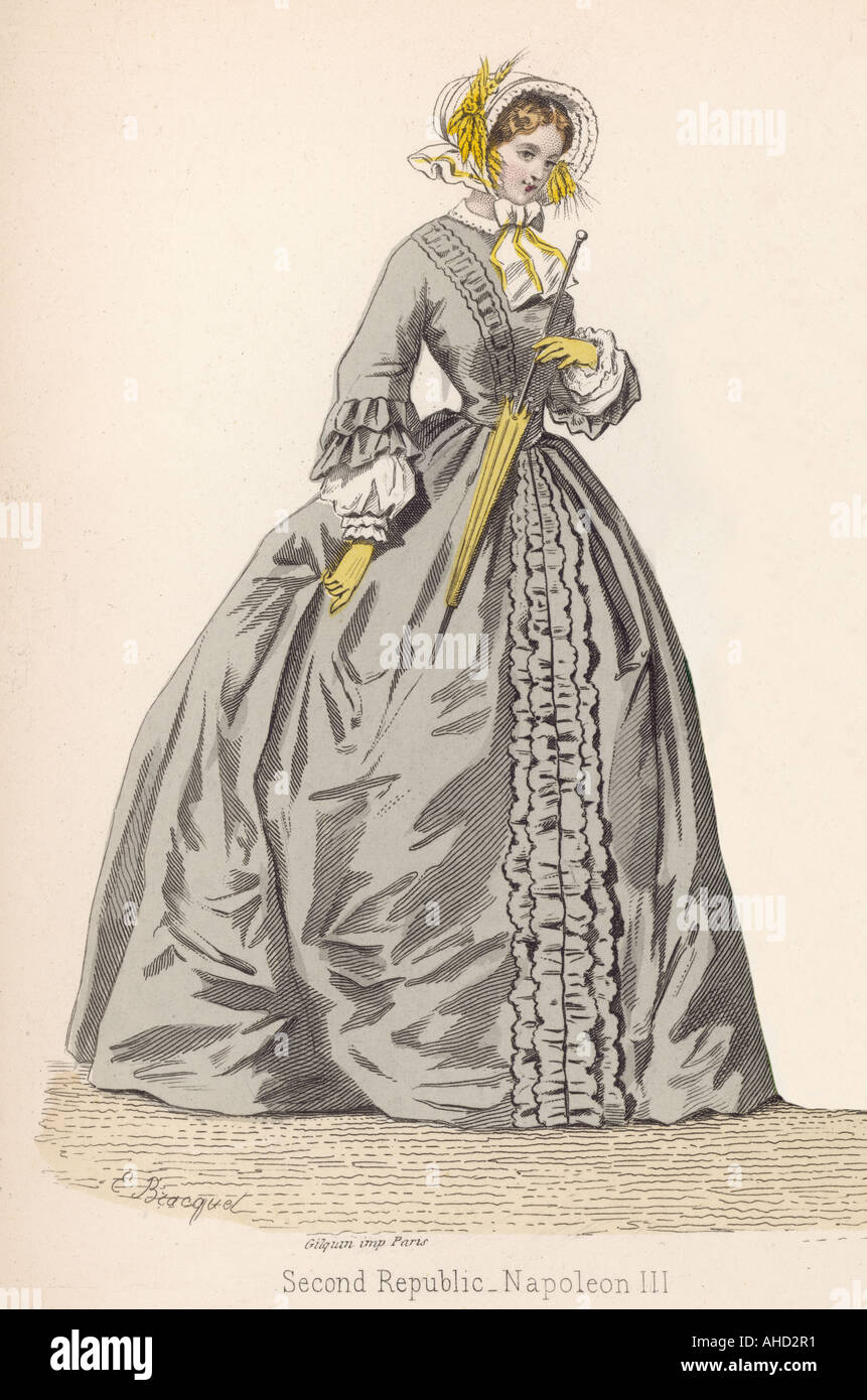 Graues Kleid 1850er Jahre Stockfoto