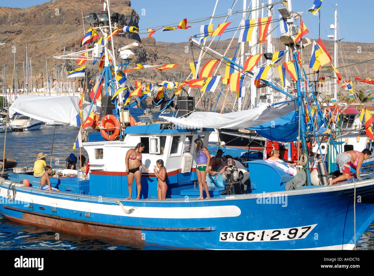 Hafen von Mogan, Canarias, Spanien. Beliebte Urlaub. Stockfoto