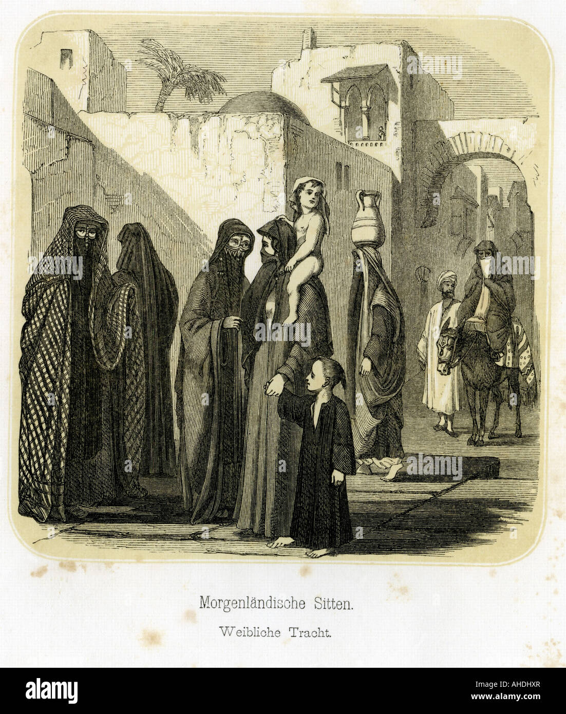 Mode, traditionelles Kostüm, Arabien, Frauen in traditionellen Kostümen, Gravur, um 1860, Asien, Orient, 19. Jahrhundert, Tradition, Kleidung, Kleidung, Frau, Schleier, verschleiert, Kinder, Menschen, Stockfoto