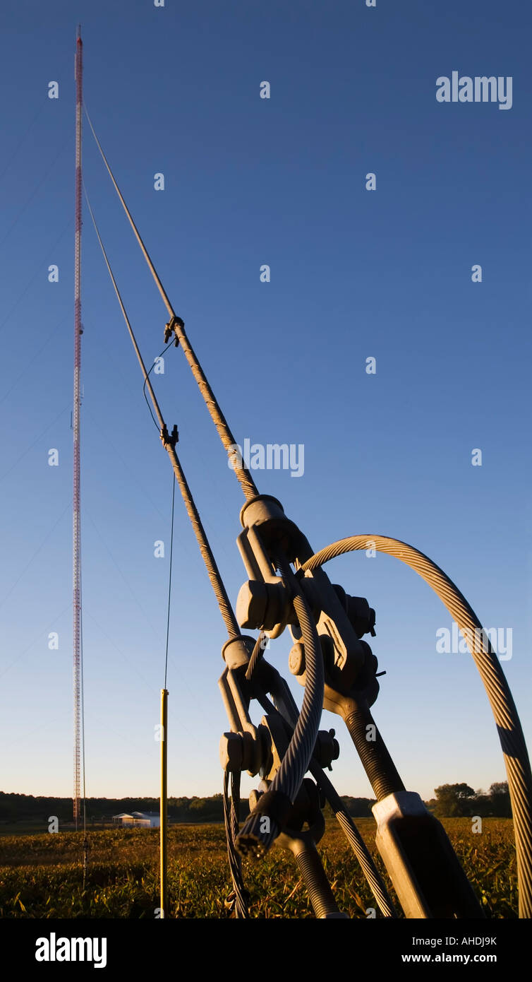 Prairieville Michigan Stahlseile Anker hoch Kommunikations-Turm in einem Bauer-s-Feld Stockfoto
