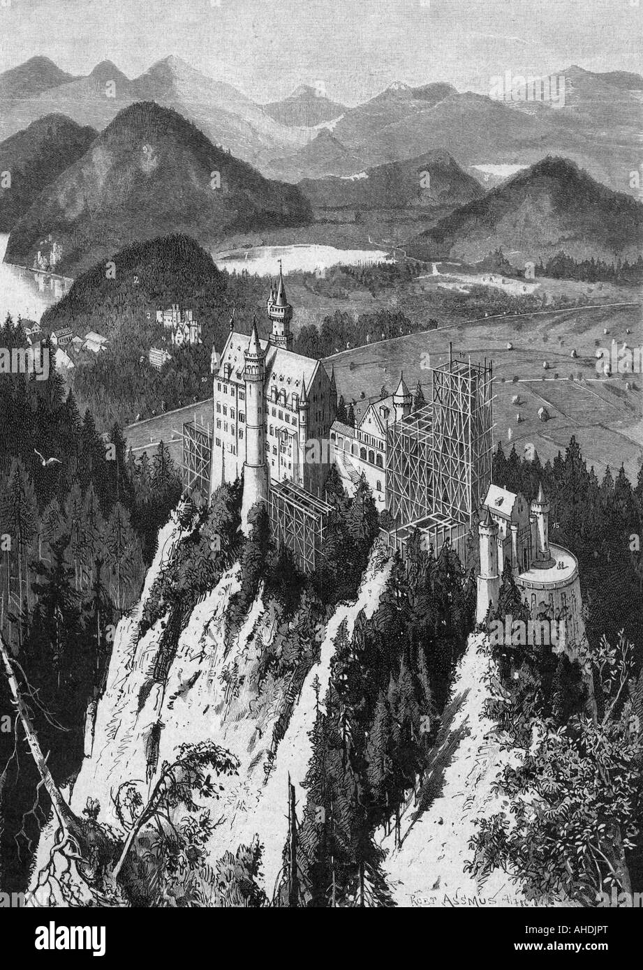 Architektur, Schlösser, Deutschland, Bayern, Schloss Neuschwanstein, Konstitutionsarbeiten, Gravur nach Zeichnung von Robert Assmus, im Jahre 1886, Stockfoto