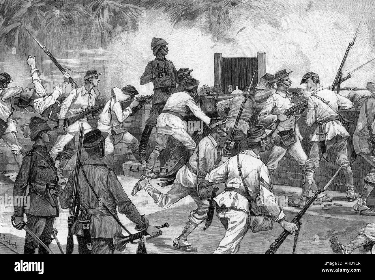 Geographie/Reisen, Indonesien, Lombok, Veranstaltungen, niederländische Soldaten verteidigen den Königspalast gegen Rebellen, Tjana Negara, 19.11.1894, Stockfoto