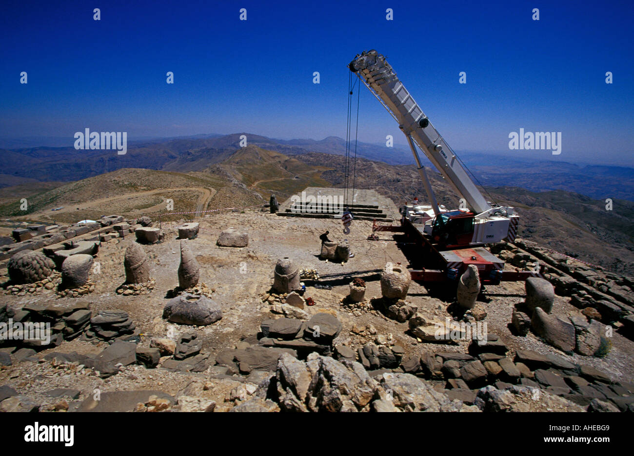 Restaurierungsarbeiten in Nemrut Berg, Adiyaman Türkei. Stockfoto