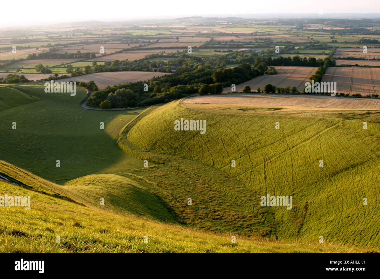 Der Blick von White Horse Hill an der Uffington Wiltshire in England. Stockfoto