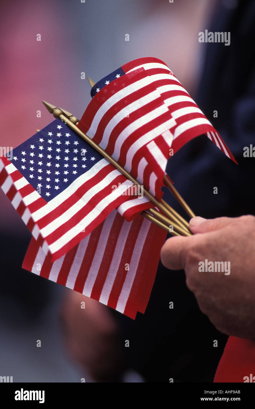 Hand, die Bündel von U S Fahnen Stockfoto