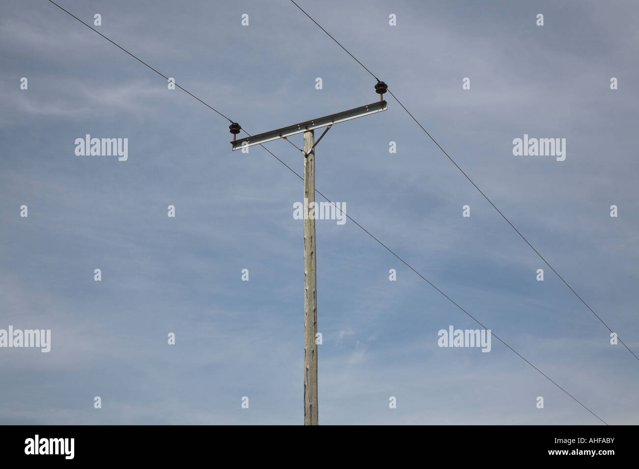 Ländliche Telefonleitungen Strom und Telegrafenmast gegen blauen Himmel mit Cumulus-Wolke Stockfoto