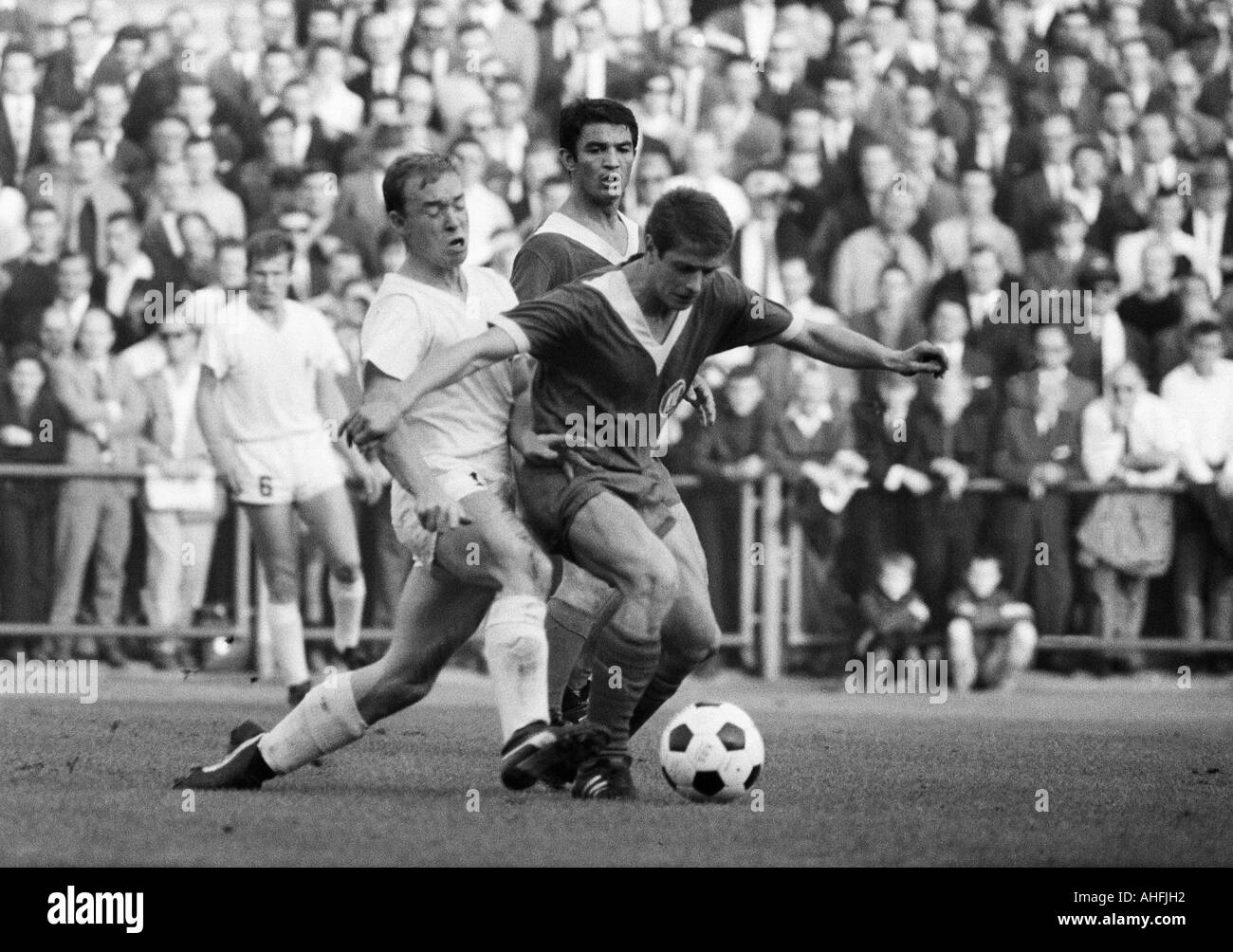 Fußball, Bundesliga, 1966/1967, Borussia Moenchengladbach vs. Karlsruher SC 3:1, Boekelberg Stadion, Szene des Spiels, v.l.n.r.: Jupp Heynckes (MG, hinten), Bernd Rupp (MG), Dragoslav Sekularac (KSC), Willi Duerrschnabel (KSC) Stockfoto