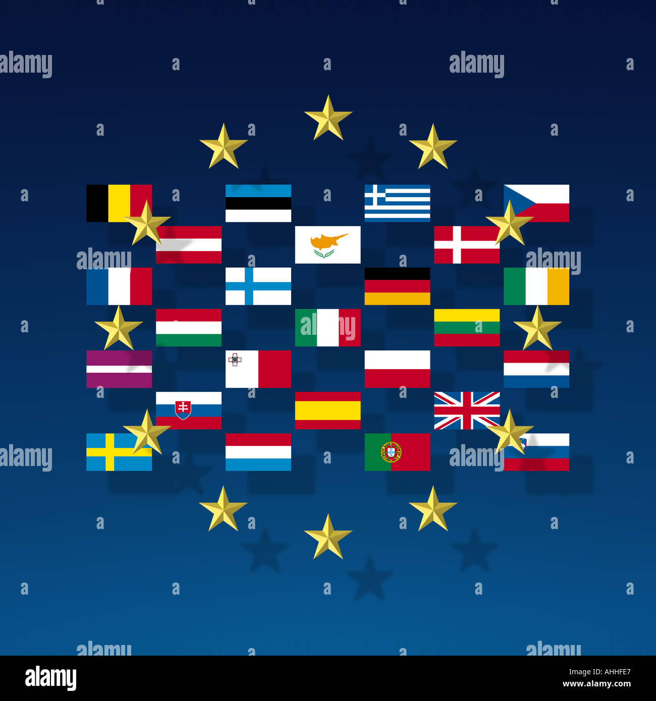Der Kreis der Sterne und die Flaggen der Mitgliedsländer der EU oder der Europäischen Union