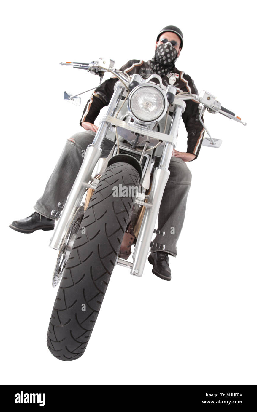 Harley Davidson-Fahrer mit Motorrad Stockfoto