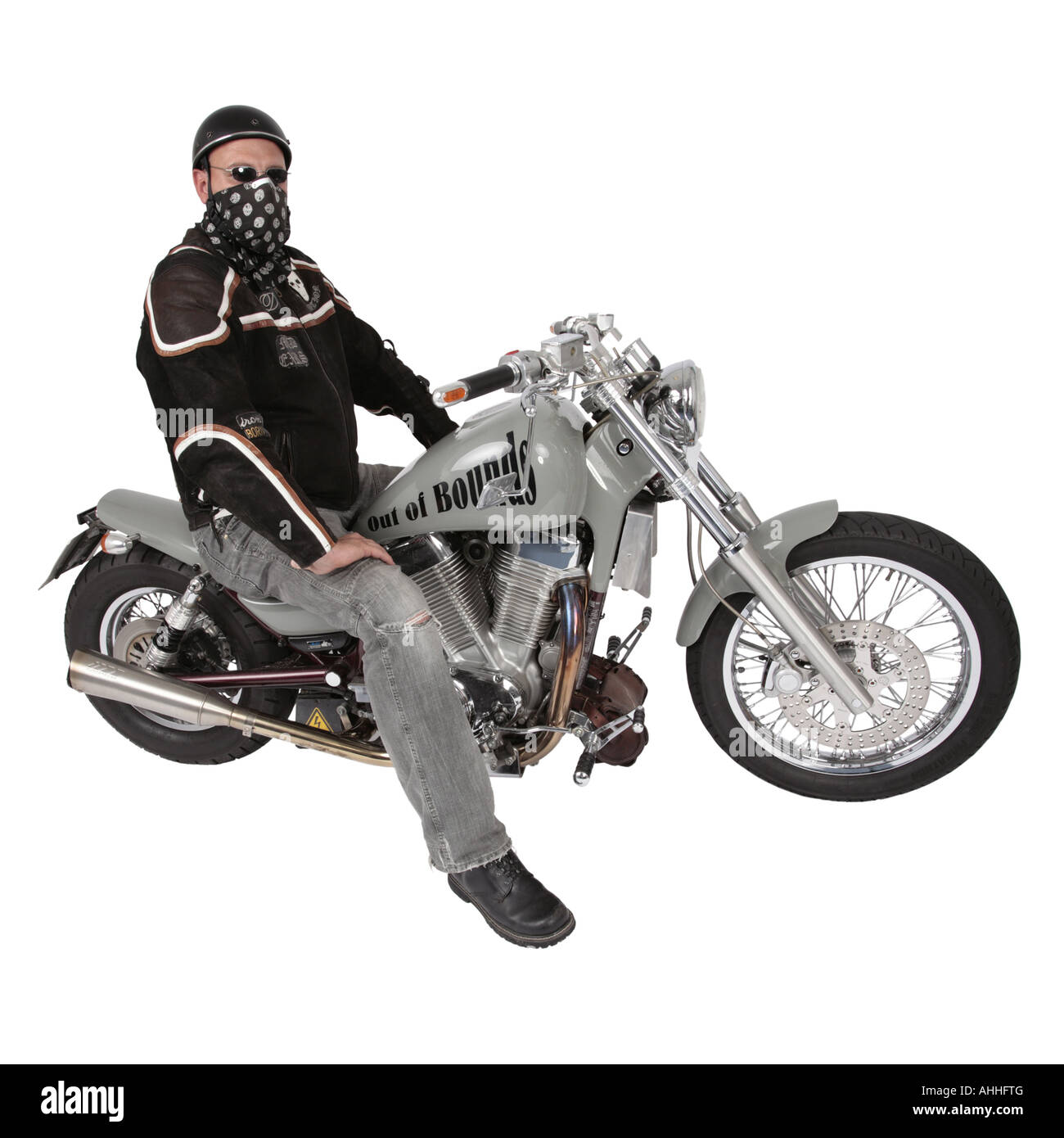 Harley Davidson-Fahrer mit Motorrad Stockfoto