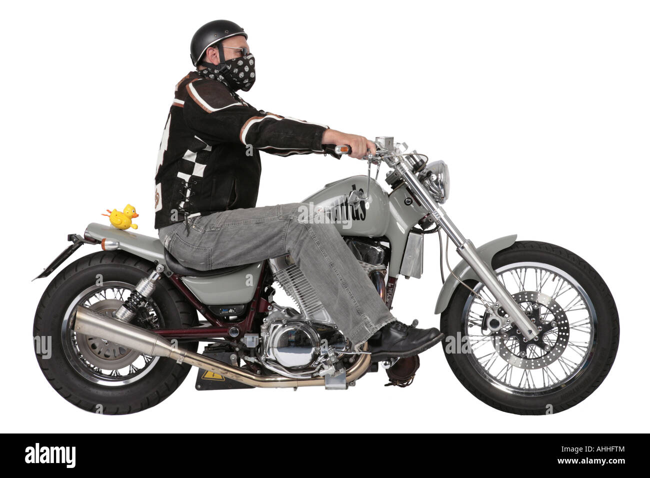 Harley Davidson-Fahrer mit motor Bike und Rubber duck Stockfoto