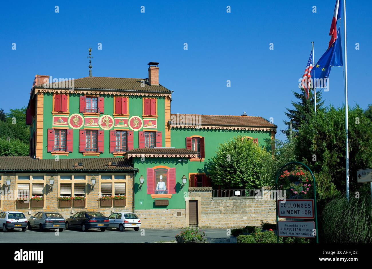 L'Auberge du Pont de Collonges, Paul Bocuse Restaurant, Collonges-Au - Mont d'Or, in der Nähe von Lyon, Rhône-Tal, Frankreich, Europa, Stockfoto