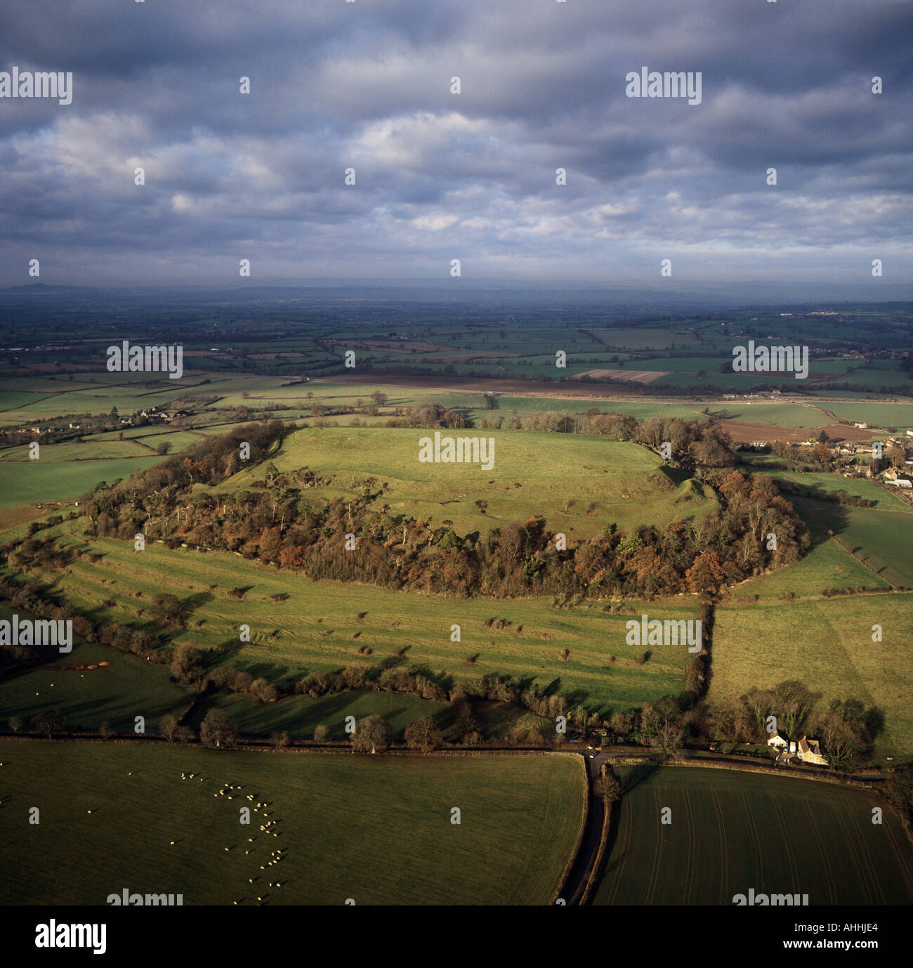 Cadbury Castle Hill Fort Somerset UK Luftbild Stockfoto