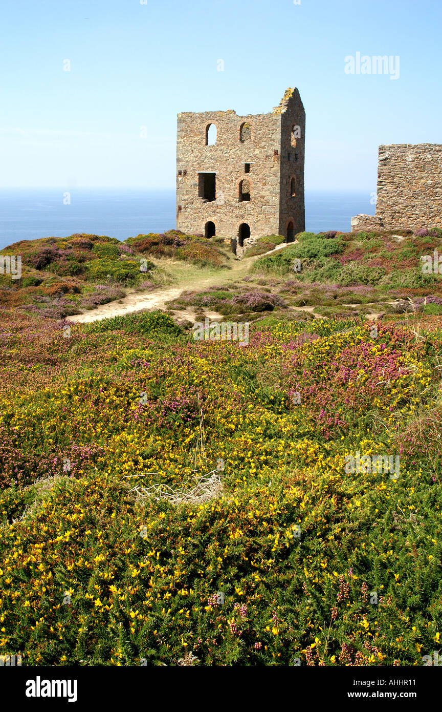 Briefmarken und Rad Motor Haus Ruinen Wheal Coates mine auf Klippen in der Nähe von Goonvrea Portreath SWCP Cornwall Stockfoto