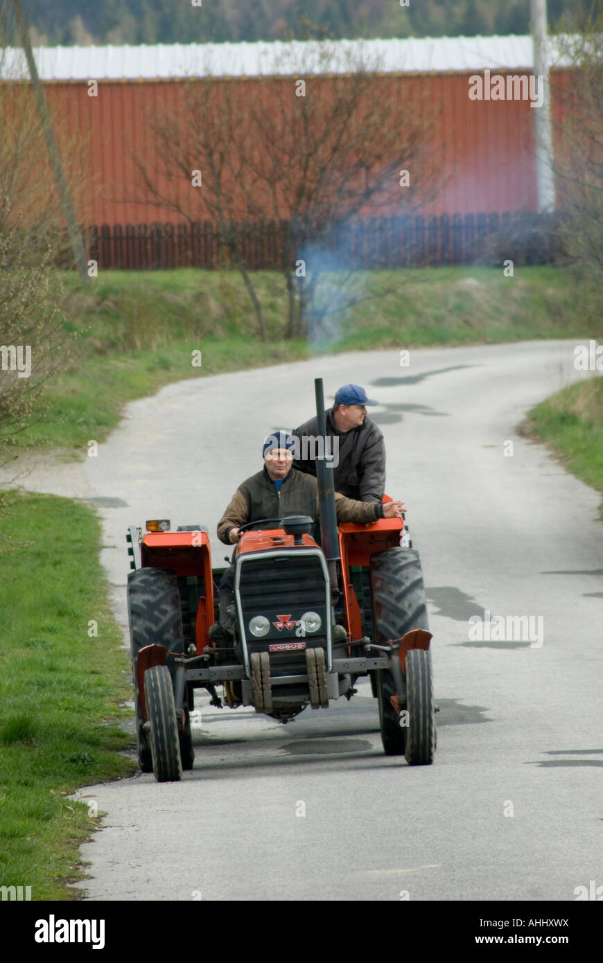 Bauern auf ihrem Massey Ferguson Traktor Polen. Stockfoto