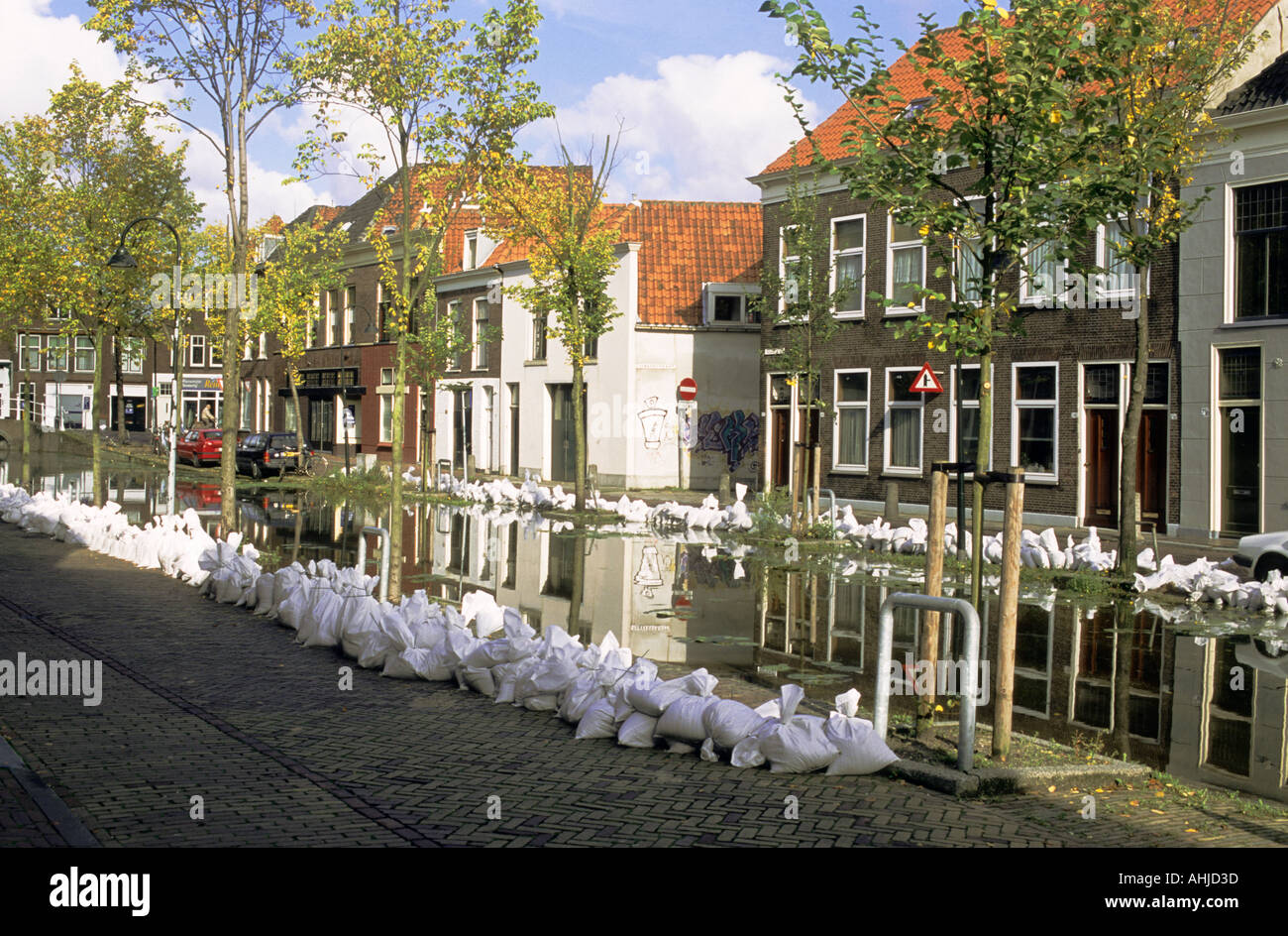 Kanal mit Sandsäcken entlang gepflasterten Straßen gesäumt, um Überschwemmungen zu verhindern. Bäume, Autos und Häuser auf der Straße. Delft, Niederlande, Stockfoto