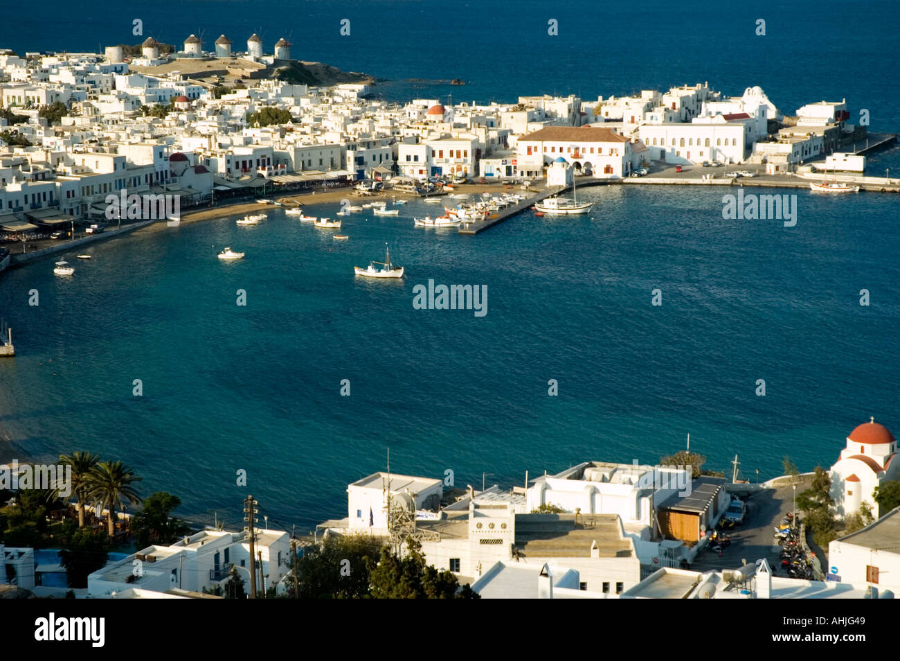 Stadt und Hafen Hafen Mykonos Stadt Mykonos die Kykladen griechische Inseln Griechenlands Stockfoto