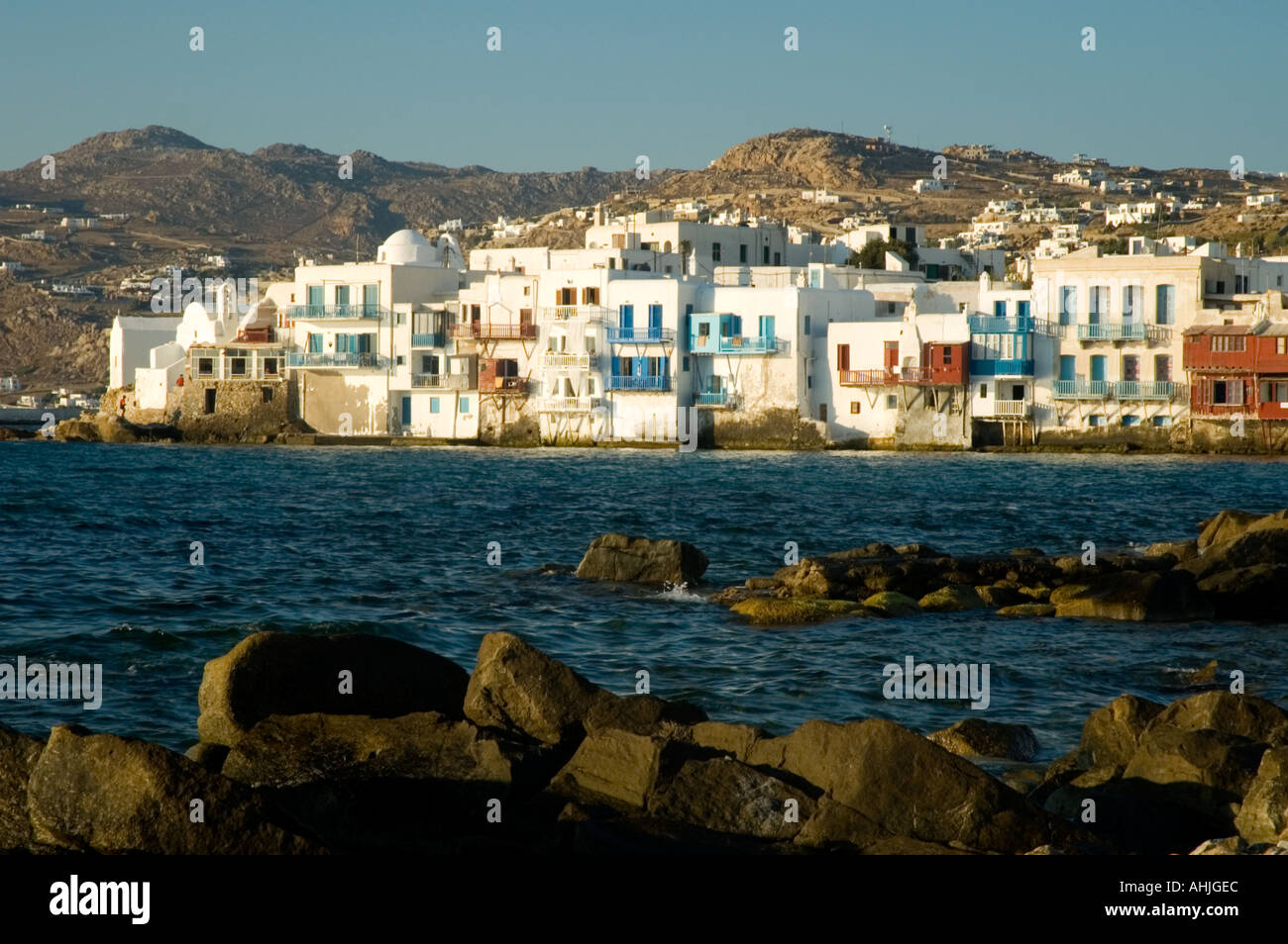 Sonnenuntergang im kleinen Venedig Mykonos Stadt Mykonos der griechischen Kykladen-Griechenland Stockfoto