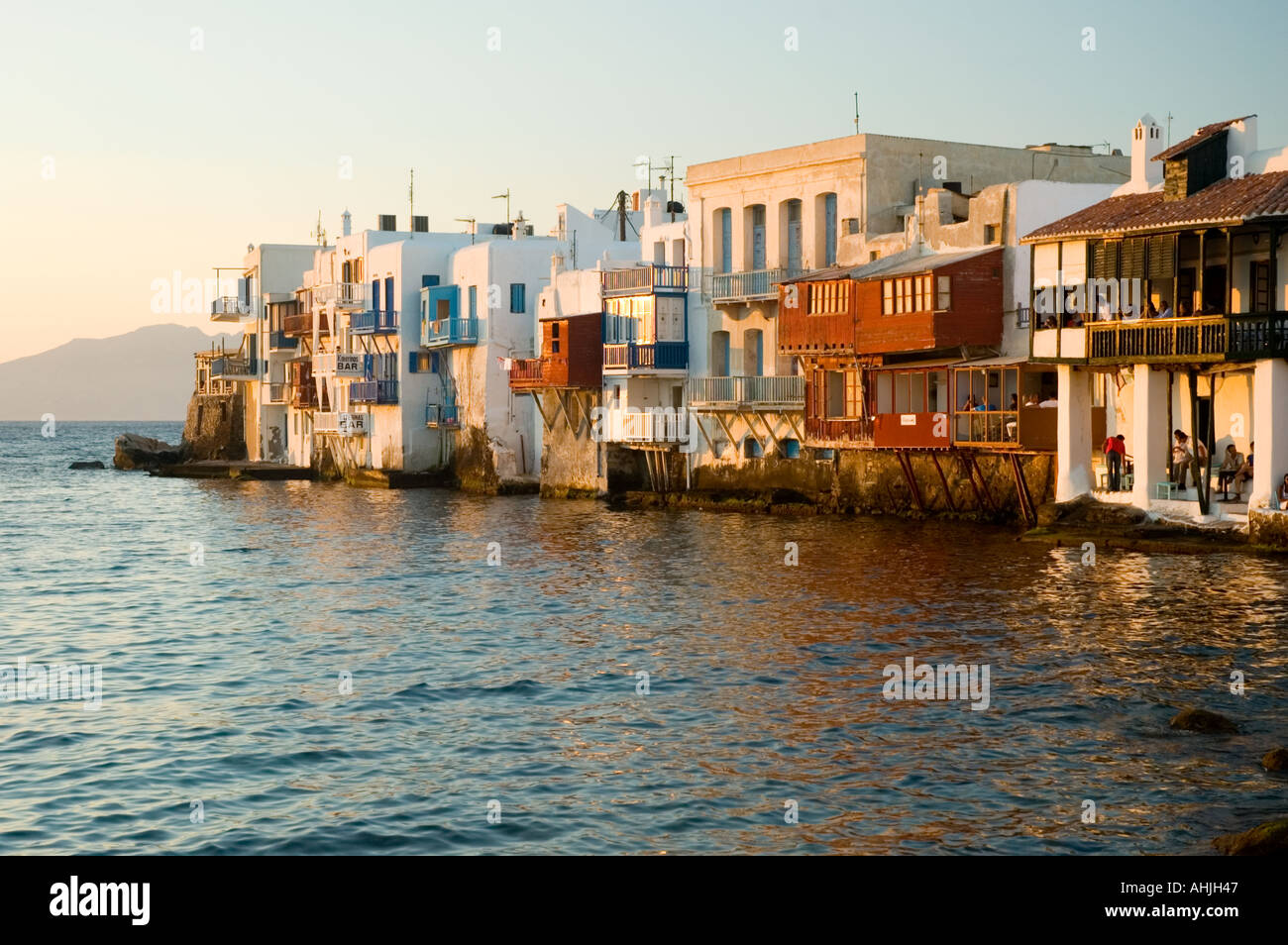 Sonnenuntergang im kleinen Venedig Mykonos Stadt Mykonos der griechischen Kykladen-Griechenland Stockfoto