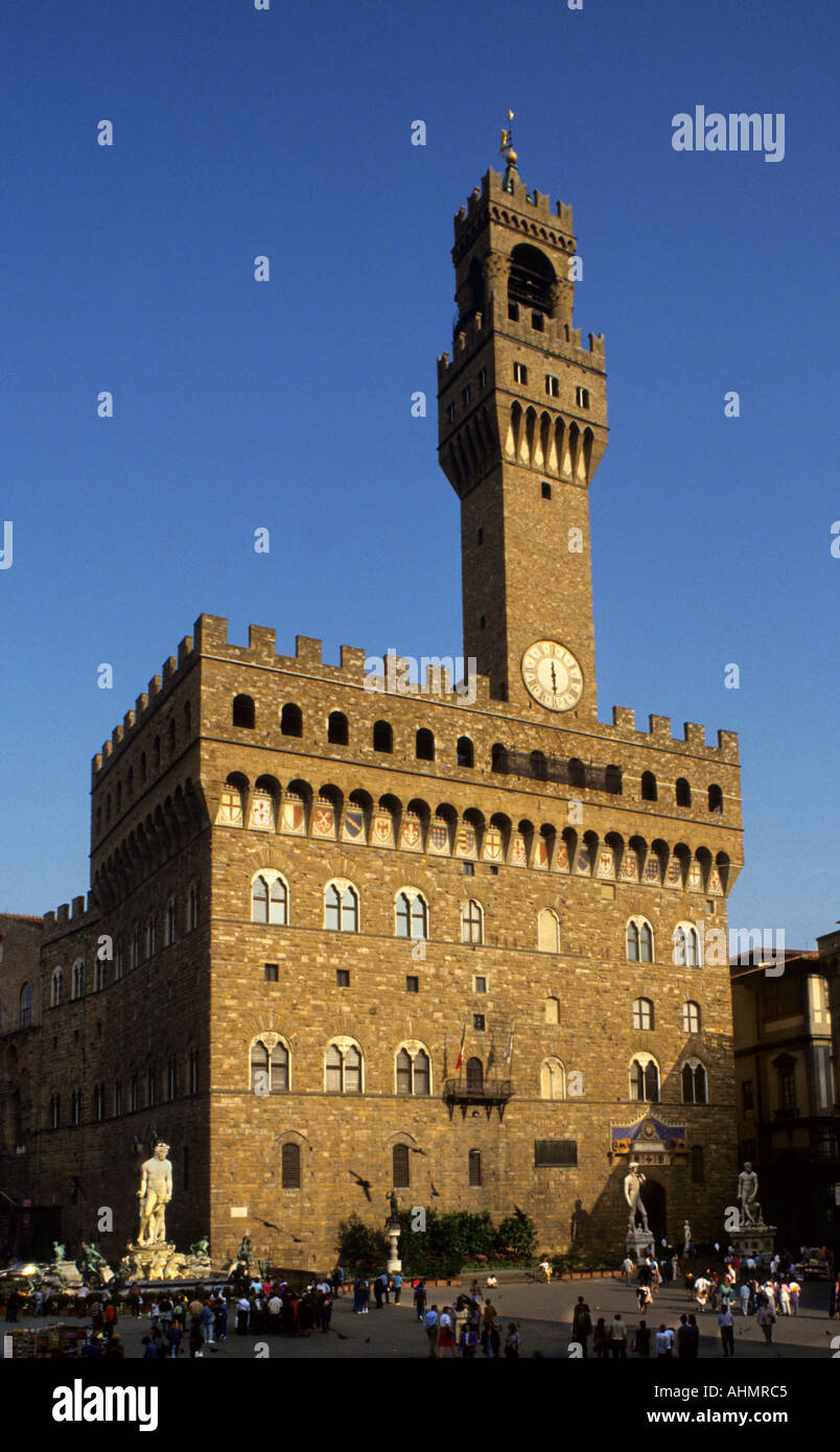 Der Palast Palazzo Vecchio ist das Rathaus von Florenz Italien gotische unter de Medici mit Renaissance-Stil Dekorationen Stockfoto