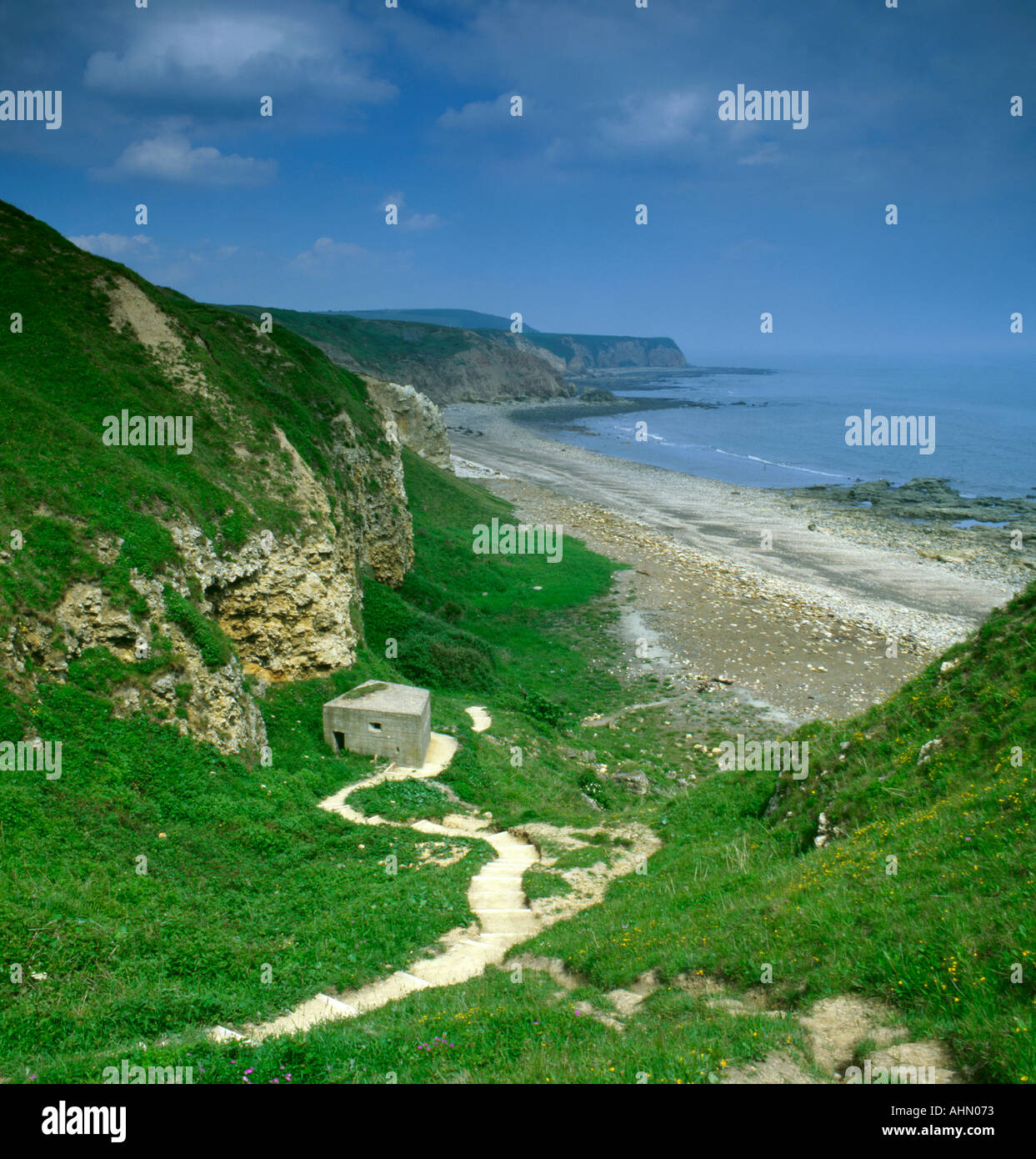 Magnesiumhaltiger Kalksteinfelsen und Strand in der Nähe von Easington Zeche, County Durham, England, UK. Stockfoto