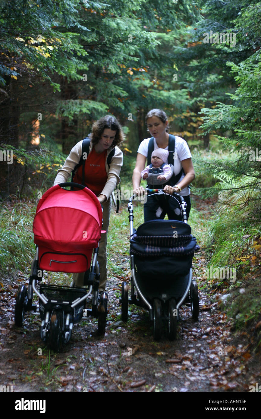 zwei Frauen mit Kinderwagen durch den Wald wandern Stockfotografie - Alamy