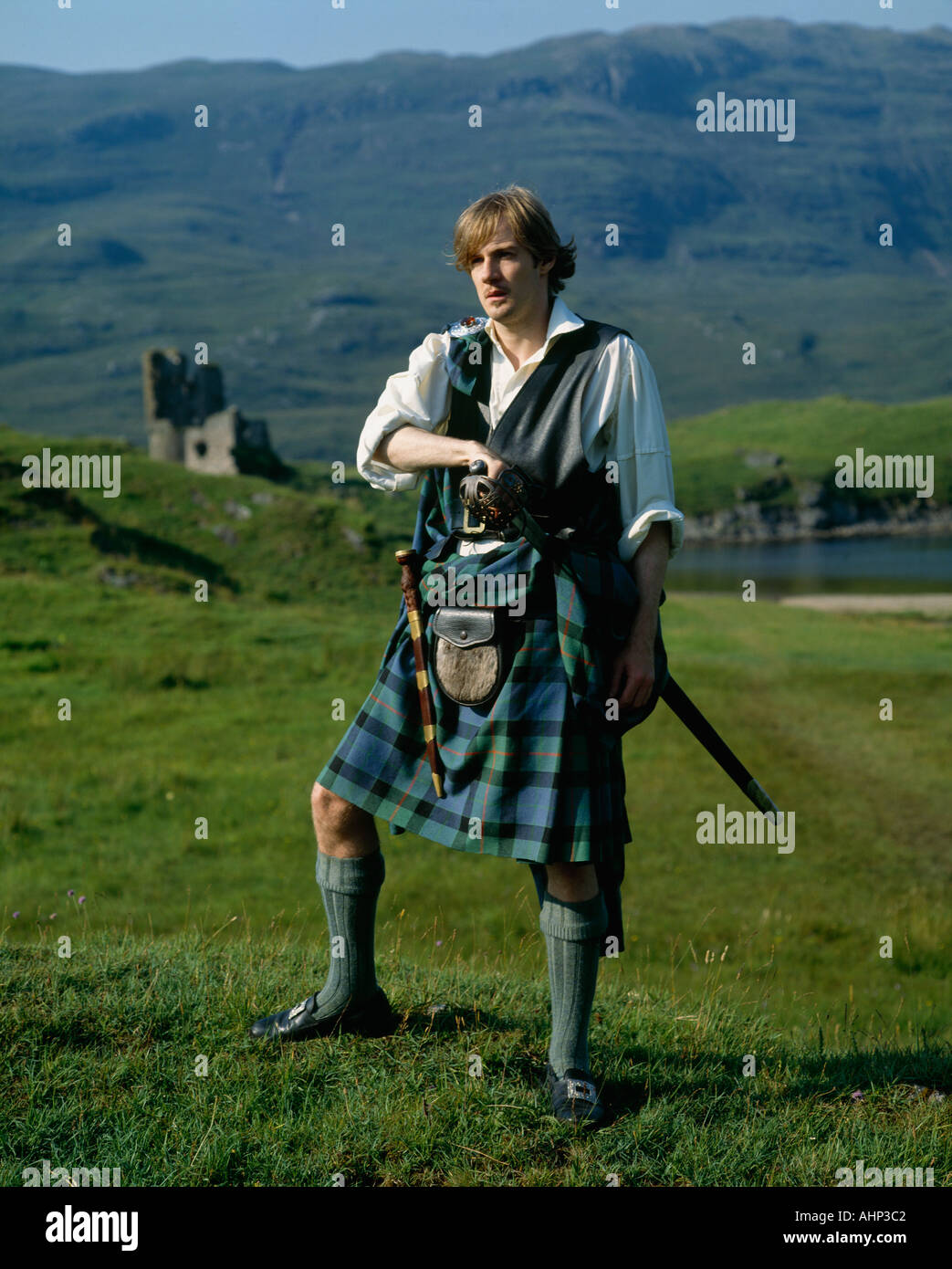 Highlander Ardvreck Castle Highlands Schottland Stockfoto