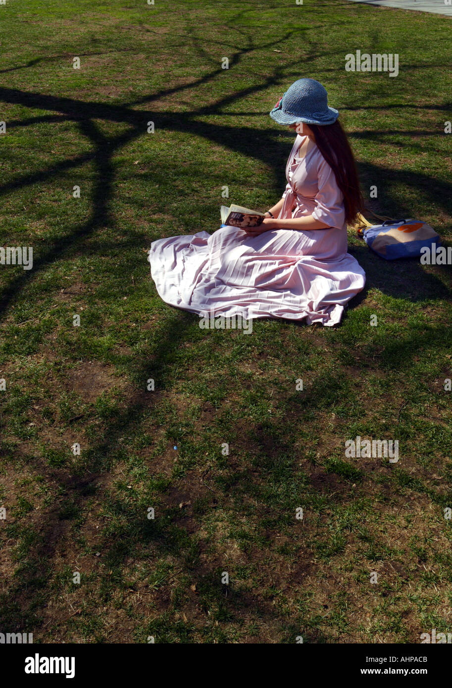 Frau liest ein Buch über eine Rasenfläche mit Baum Schatten Stockfoto