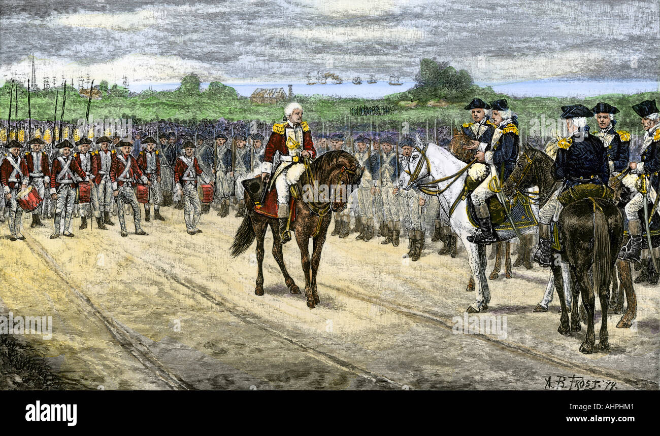 Britische Hingabe an die amerikanische Armee bei Yorktown 1781 effektiv den revolutionären Krieg zu stoppen. Hand - farbige Holzschnitt Stockfoto