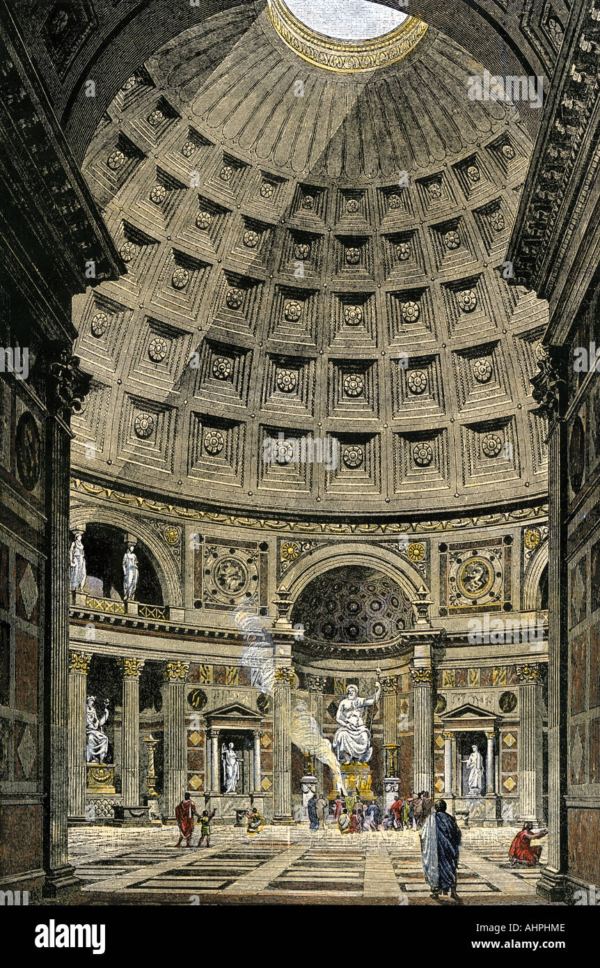 Innenraum des Pantheon im antiken Rom. Hand - farbige Holzschnitt Stockfoto