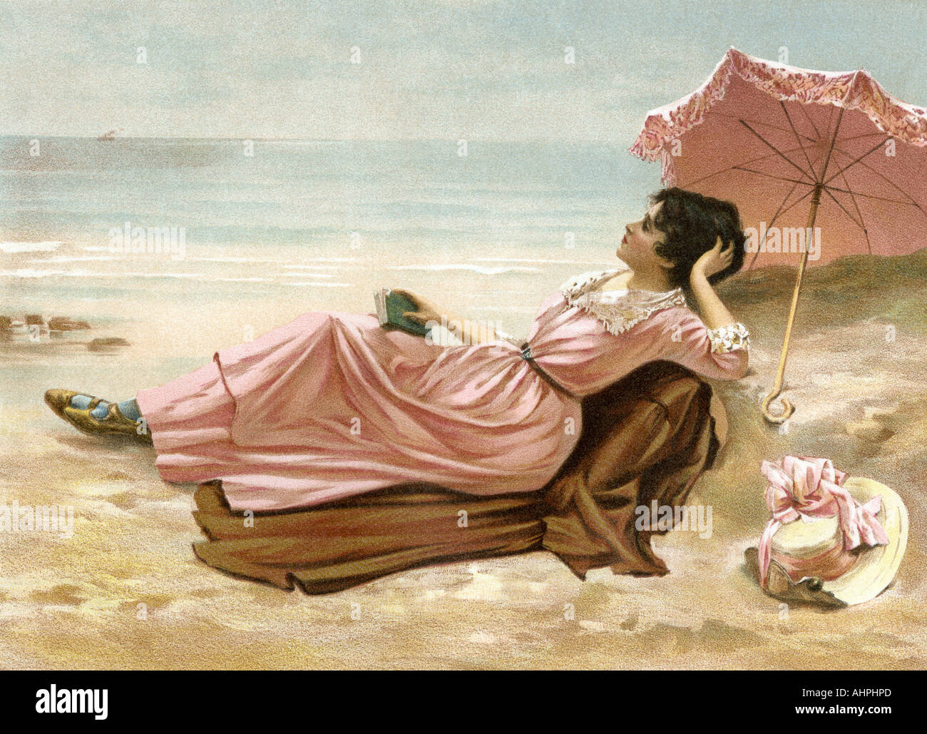 Junge Frau genießen Sie einen Tag am Strand 1890. Farblithographie Stockfoto