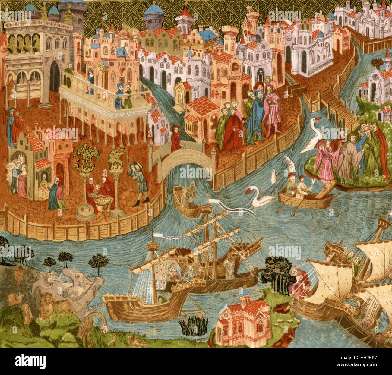 Marco Polo Venedig verlassen für China 1338. Farblithographie Stockfoto