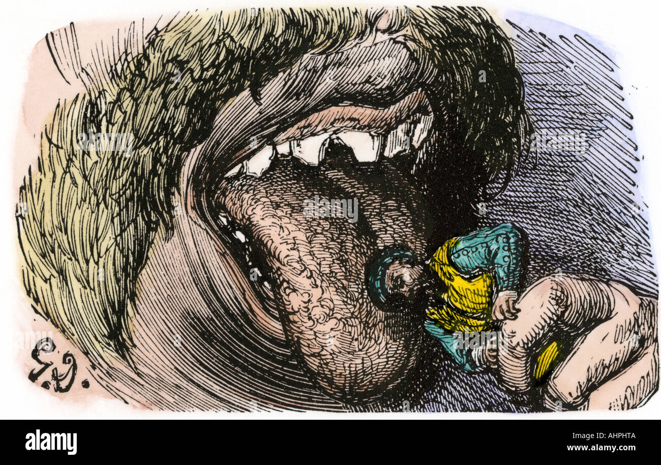 Begleiter von SINBAD von einem Riesen in eine Geschichte aus 1001 Nacht gegessen. Hand - farbige Holzschnitt Stockfoto