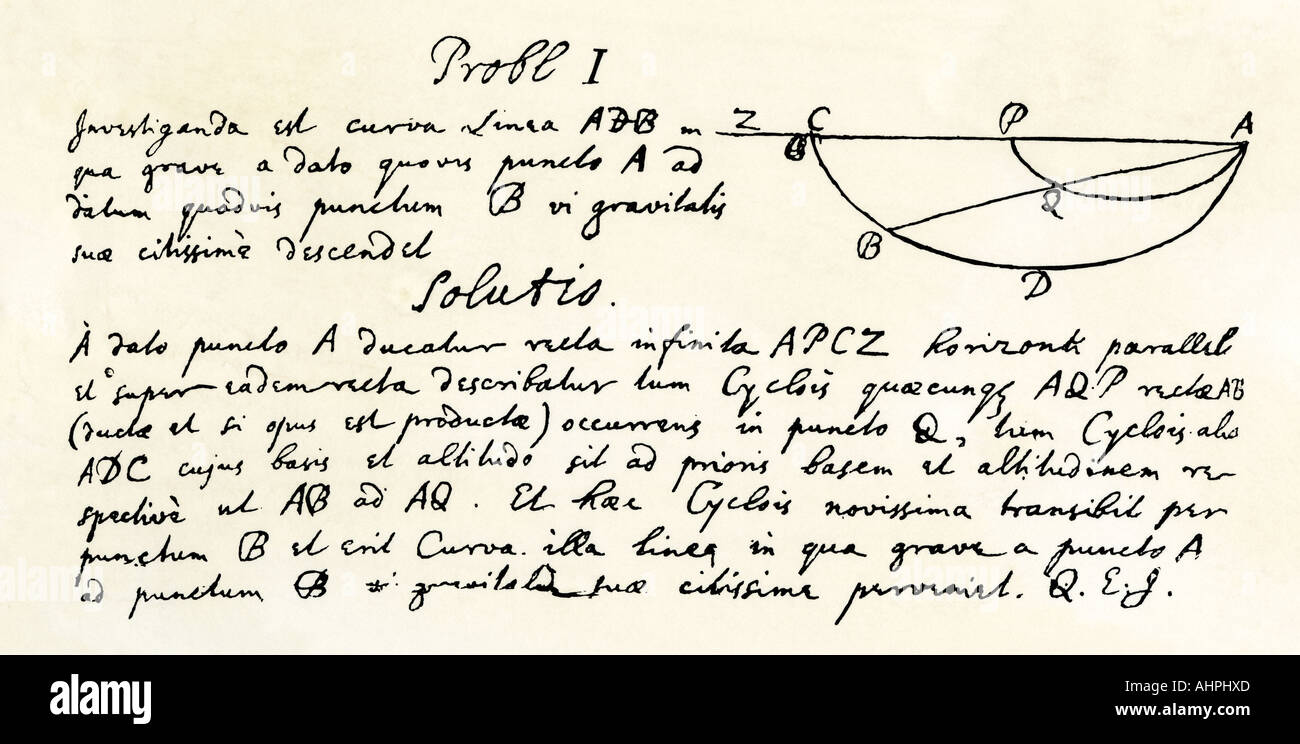 Isaac Newton die handschriftliche Lösung Der brachystochrone oder Kurve der schnellste Abfahrt. Holzschnitt mit einem Aquarell waschen Stockfoto