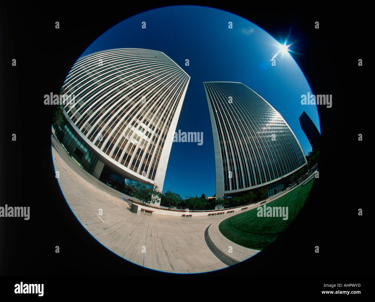 Fisheye Ansicht von Bürogebäuden in Century City, Kalifornien Stockfoto
