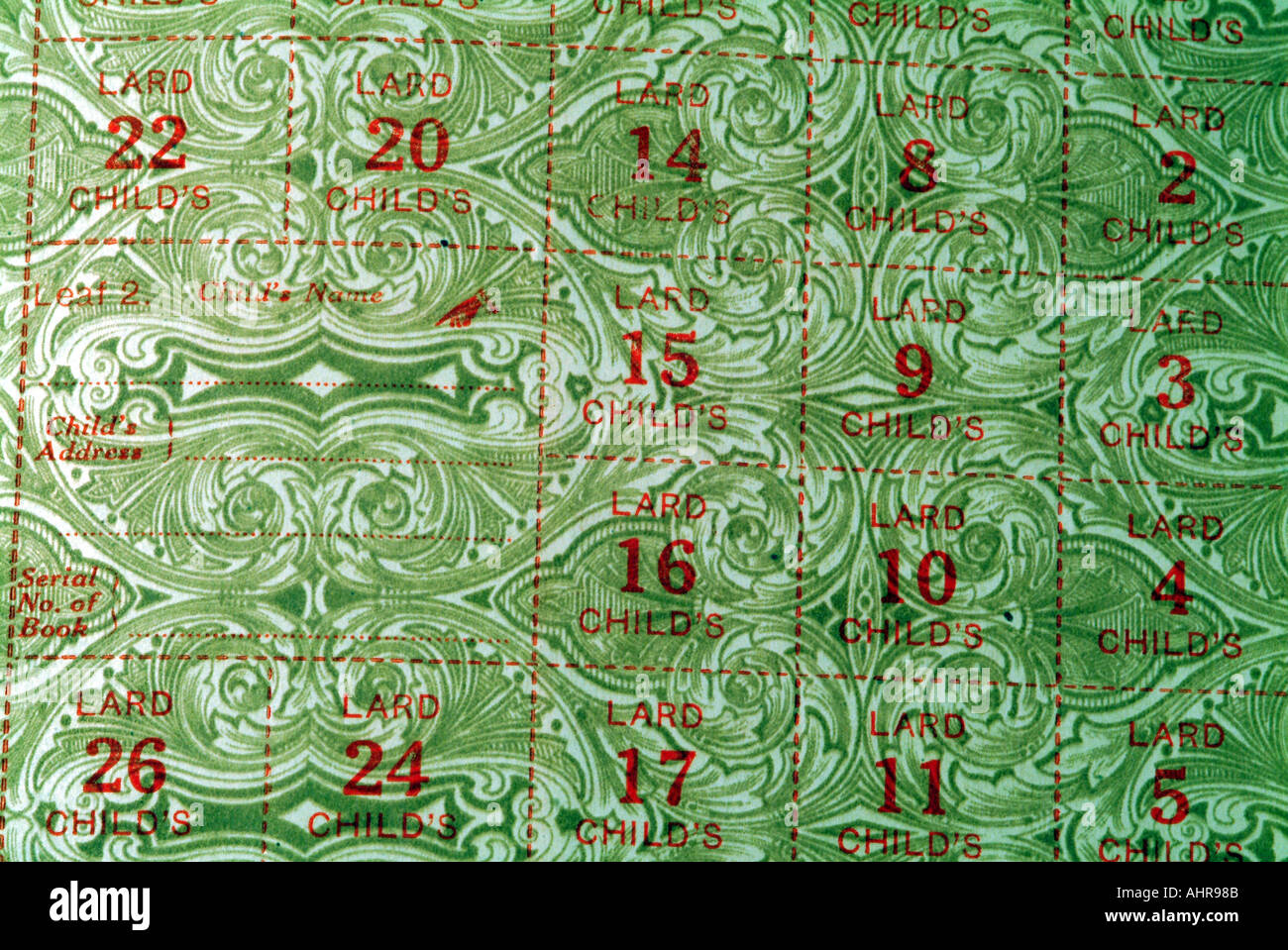 Ersten Weltkrieg Childs Ration Buch herausgegeben Ministerium Food England UK Schmalz Gutscheine Stockfoto