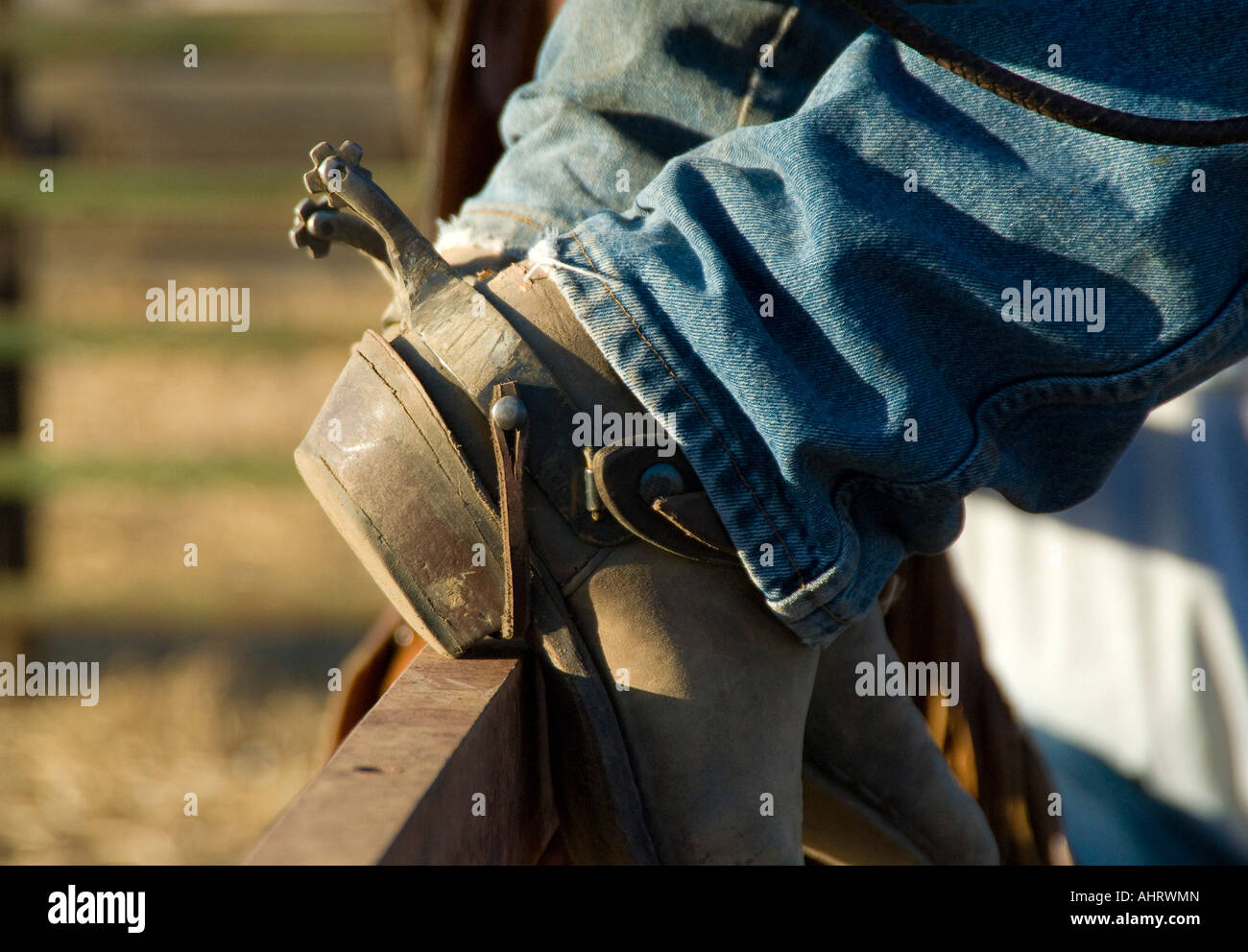 Staubigen Cowboy-Stiefel und Sporen ruhen auf einem Zaun nach einem langen Tag des Reitens. Stockfoto