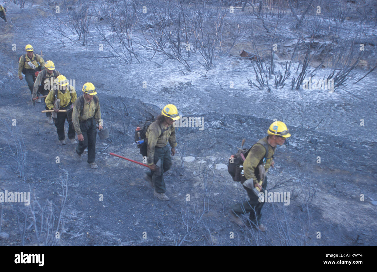 Feuerwehrleute, die Kreuzung verkohlten Gelände Padres National Forest Kalifornien in Los Angeles Stockfoto