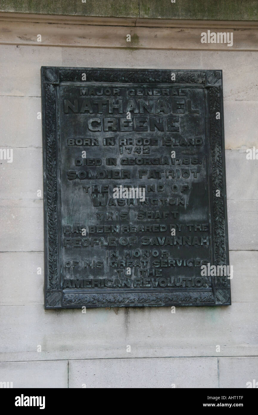 Savannah Georgia Plaque auf Nathanael Greene 1742 1786 Denkmal Stockfoto