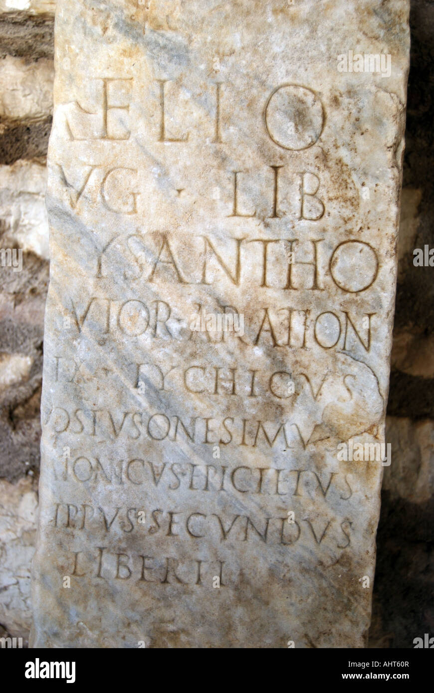 Griechische Inschriften, Nationalpark Butrint, griechische archäologische Stätte, Butrint, Grafschaft von Vlora, Albanien Stockfoto