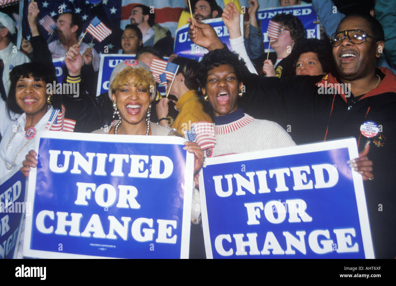 United For Change-Zeichen bei einem St Louis Kampagne Rallye 1992 Bill Clinton s Schlusstag der Werbetätigkeit in St. Louis Missouri Stockfoto